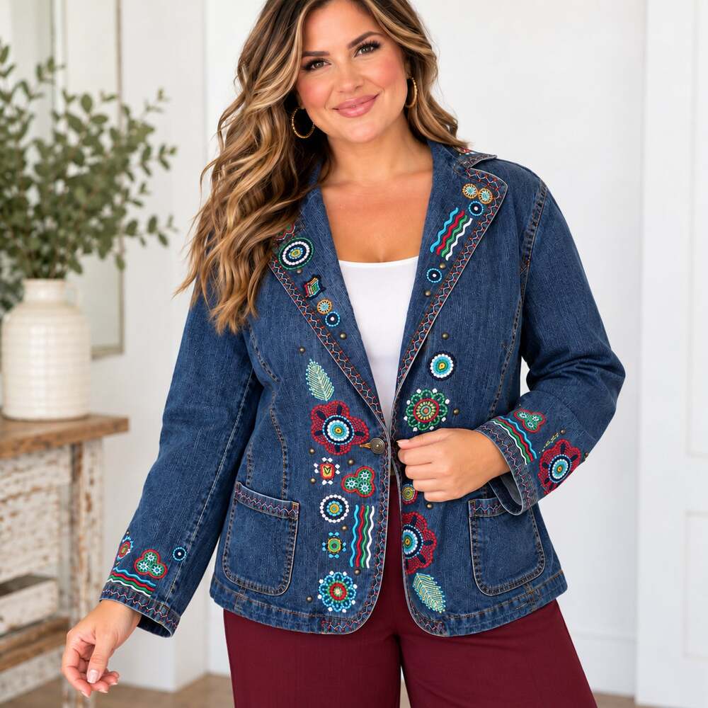 Ruby Rd Woman 18W Denim Jacket Embroidered Boho Western Artsy Colorful Blazer